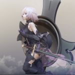  3d armor armored_boots armored_dress bare_shoulders black_armor boots breasts fate/grand_order fate_(series) gauntlets greaves hair_over_one_eye high_heels highres leslyzerosix mash_kyrielight medium_breasts purple_eyes purple_hair sheath sheathed shield short_hair solo sword weapon 