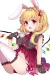  :d animal_ears babydoll black_gloves blonde_hair bunny_ears center_opening collar commentary_request cup eyebrows_visible_through_hair eyes_visible_through_hair fake_animal_ears feet_out_of_frame flandre_scarlet frilled_collar frilled_gloves frilled_legwear frills gem gloves high_collar holding holding_cup kawachi_rin light_blush looking_at_viewer midriff_peek neck_ribbon open_mouth panties pointy_ears red_babydoll red_eyes red_neckwear red_panties ribbon shiny shiny_hair short_hair side-tie_panties side_ponytail simple_background sitting smile solo teacup thighhighs tongue touhou underwear white_background white_legwear wings 