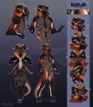  alien anthro caprine clothed clothing cloven_hooves digitigrade featureless_crotch fully_clothed fur goat hooves horn jacket lurelin male mammal model_sheet muscular nude orange_fur smile snarling solo standing tongue tongue_out tusks walking 