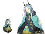  aki_no_jikan androgynous arms_at_sides blue_cape cape facing_viewer fur_trim grey_hair horns japanese_clothes long_hair maru-kichi multiple_views official_art open_mouth smile standing very_long_hair watermark wide_sleeves 
