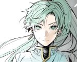  androgynous aym_(ash3ash3ash) bangs closed_mouth collar earrings expressionless eyebrows_visible_through_hair fire_emblem fire_emblem:_rekka_no_ken floating_hair green_eyes green_hair jewelry long_hair looking_at_viewer lyndis_(fire_emblem) ponytail portrait serious solo upper_body v-shaped_eyebrows white_background 