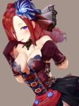  absurdres black_gloves blue_flower breasts ceres_(shingeki_no_bahamut) choker cleavage drill_hair dutch_angle finger_to_mouth flower gloves grey_background hair_between_eyes hair_flower hair_ornament highres long_hair looking_at_viewer medium_breasts pinky_to_mouth purple_eyes red_hair shadowverse shingeki_no_bahamut shiny shiny_skin simple_background solo strapless tongue tongue_out transparent yamato_(muchuu_paradigm) 