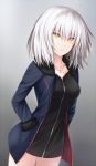  ahoge bad_id bad_pixiv_id black_dress black_footwear black_jacket breasts coat cowboy_shot dress eyebrows_visible_through_hair fate/grand_order fate_(series) full-length_zipper fur-trimmed_coat fur-trimmed_sleeves fur_trim gradient gradient_background hands_in_pockets jacket jeanne_d'arc_(alter)_(fate) jeanne_d'arc_(fate)_(all) jewelry kanpyou_(hghgkenfany) large_breasts necklace open_clothes open_coat open_jacket short_dress short_hair silver_hair solo wicked_dragon_witch_ver._shinjuku_1999 yellow_eyes zipper 