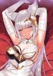  animal_ears armpits arms_up bangs blue_eyes blunt_bangs breasts commentary deras dress english_commentary erune eyebrows_visible_through_hair gold_trim granblue_fantasy hair_between_eyes hair_ornament korwa looking_at_viewer medium_breasts multicolored multicolored_clothes multicolored_dress smile solo white_hair 