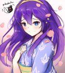  blue_eyes blue_hair danganronpa dress fire_emblem fire_emblem:_kakusei floral_print ippers japanese_clothes kimono long_hair looking_at_viewer lucina monokuma obi sash smile solo 