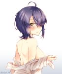  ahoge bare_shoulders blush breasts eyebrows_visible_through_hair eyepatch gradient gradient_background hickey kantai_collection kotobuki_(momoko_factory) large_breasts looking_at_viewer messy_hair no_headwear partially_undressed purple_hair short_hair sideboob solo sweatdrop tenryuu_(kantai_collection) twitter_username yellow_eyes 