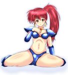  armor asagiri_youko bikini bikini_armor blue_bikini boots breasts cameltoe choker commentary_request earrings genmu_senki_leda hand_on_own_chest jewelry knee_boots legs long_hair mochuu_(htkinbo) navel pauldrons red_eyes red_hair side_ponytail sitting small_breasts smile solo spread_legs swimsuit vambraces 