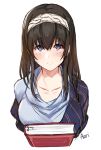  blue_eyes blush book brown_hair collarbone cropped_torso deneb_(noble324) eyebrows_visible_through_hair grey_hairband grey_shirt hair_between_eyes hairband idolmaster idolmaster_cinderella_girls long_hair looking_at_viewer sagisawa_fumika shirt signature simple_background sketch solo upper_body white_background 