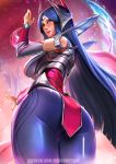  ass badcompzero blue_eyes blue_hair bodysuit breasts circlet highres hips irelia league_of_legends looking_at_viewer looking_back looking_down parted_lips skin_tight smile solo thighs tight 