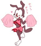  &lt;3 animaniacs black_fur cheerleader clothed clothing costume crossdressing fur japanese_text looking_at_viewer male mammal one_eye_closed pom_poms raised_tail simple_background skirt smile solo text tongue translation_request warner_brothers wink yakko_warner young zehn 