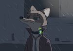  2018 anthro canine clothed clothing collar disney fox green_eyes male mammal necktie nick_wilde outside raining shock_collar solo tggeko zootopia 