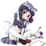  :o alternate_costume alternate_legwear animal_ears black_bow black_hair bow bowtie brown_eyes commentary_request common_raccoon_(kemono_friends) crossed_legs cup drinking_glass drinking_straw enmaided fang food full_body gloves grey_hair hair_ornament hair_ribbon head_tilt highres japari_symbol kemono_friends looking_at_viewer maid makuran medium_hair multicolored_hair notepad parfait puffy_short_sleeves puffy_sleeves raccoon_ears raccoon_tail red_ribbon ribbon shoes short_sleeves simple_background sitting solo tail thighhighs tray white_background white_gloves white_hair white_legwear 