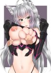  ahoge alternate_breast_size animal_ears atalanta_(alter)_(fate) atalanta_(fate) bare_shoulders black_gloves blush braid breast_grab breasts cat_ears deep_skin disembodied_limb fate/grand_order fate_(series) gloves grabbing green_eyes hands_up highres huge_breasts inverted_nipples kitajima_yuuki lifting long_hair looking_at_viewer navel nipples open_mouth silver_hair solo_focus sweatdrop 