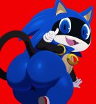  4_fingers bent_over big_butt blue_eyes butt cat clothing cosplay costume cute fangs feline footwear gloves looking_at_viewer looking_back male mammal megami_tensei morgana_(persona) open_mouth open_smile persona persona_5 presenting presenting_hindquarters red_background shoes simple_background smile solo sonic_(series) sonic_the_hedgehog sssonic2 teeth thick_thighs tongue zipper 