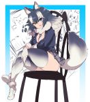  :d animal_ears between_breasts black_hair blue_eyes blush breasts chair cleavage coat commentary_request crossed_legs fang full_body fur_collar giraffe gloves grey_wolf_(kemono_friends) heterochromia highres kemono_friends large_breasts long_hair looking_at_viewer multicolored_hair necktie necktie_between_breasts open_mouth plaid plaid_skirt pleated_skirt sekiyu_(spartan) simple_background sitting sketch skirt smile tail thick_thighs thighhighs thighs two-tone_hair white_background white_gloves white_hair wolf_ears wolf_tail yellow_eyes zettai_ryouiki 