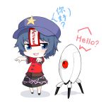  absurdres beret blue_eyes blue_hair chibi commentary_request crossover english full_body hands_up hat highres jakomurashi looking_at_another miyako_yoshika ofuda open_mouth outstretched_arms pale_skin portal portal_(series) shirt short_sleeves simple_background skirt smile standing star touhou turret_(portal) white_background zombie_pose 