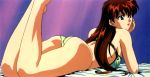  90s ass barefoot bed_sheet bikini green_bikini hand_on_own_face juliana_(megami_paradise) lipstick long_hair lying makeup megami_paradise non-web_source official_art on_stomach red_hair red_lipstick solo swimsuit yoshizane_akihiro 