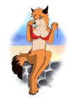  2018 alzeaker anthro black_nose blue_eyes breasts canine clothed clothing female fox fur judy_judith looking_at_viewer mammal midriff partially_clothed seductive sitting smile solo underwear undressing 