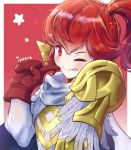  ;p anna_(fire_emblem) armor blush cape fire_emblem fire_emblem_heroes gloves highres ippers long_hair looking_at_viewer one_eye_closed ponytail red_eyes red_hair smile solo tongue tongue_out 