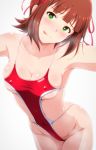  amami_haruka bangs bare_shoulders blunt_bangs blush breasts brown_hair cleavage collarbone commentary covered_navel covered_nipples eyebrows_visible_through_hair green_eyes hair_ribbon head_tilt heart heart-shaped_pupils highres hips idolmaster idolmaster_(classic) licking_lips looking_at_viewer medium_breasts one-piece_swimsuit red_ribbon red_swimsuit revealing_clothes ribbon simple_background skindentation smile solo sweat swimsuit symbol-shaped_pupils tengu_(tetuo_kun) tongue tongue_out white_background 