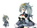  aki_no_jikan arms_at_sides asymmetrical_legwear black_legwear breasts cleavage detached_sleeves doll_joints dress gear_hair_ornament grey_dress grey_hair headband high_ponytail long_hair looking_at_viewer maru-kichi medium_breasts multiple_views official_art red_eyes standing watermark wide_ponytail wide_sleeves 