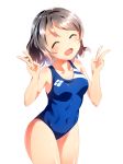  ayaki_ichigo bad_id bad_pixiv_id bare_shoulders blue_eyes blue_swimsuit closed_eyes competition_swimsuit covered_navel cowboy_shot double_v grey_hair logo love_live! love_live!_sunshine!! one-piece_swimsuit open_mouth short_hair simple_background smile solo swimsuit v watanabe_you white_background 