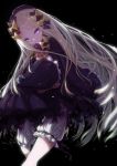  abigail_williams_(fate/grand_order) bangs black_background black_bow black_dress black_hat blonde_hair bloomers bow bug butterfly closed_mouth dress eyebrows_visible_through_hair fate/grand_order fate_(series) hair_bow hat head_tilt insect long_hair long_sleeves object_hug orange_bow parted_bangs polka_dot polka_dot_bow purple_eyes sleeves_past_fingers sleeves_past_wrists solo stuffed_animal stuffed_toy suction_cups teddy_bear tentacles underwear very_long_hair watchi white_bloomers 