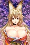  absurdres animal_ears arms_at_sides bangs bare_shoulders blonde_hair breasts cleavage collarbone enty_reward eyebrows eyebrows_visible_through_hair eyelashes fox_ears fox_girl hair_between_eyes hair_flaps highres huge_breasts japanese_clothes kimono large_breasts lips long_hair long_sleeves looking_at_viewer obi off_shoulder original paid_reward parted_lips petals red_eyes red_lips sash shiny shiny_skin short_eyebrows sketch solo thick_eyebrows tsurime upper_body yellow_eyes zucchini 