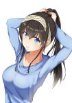  absurdres aiban black_hair blue_eyes breasts commentary hair_tie hair_tie_in_mouth hairband highres idolmaster idolmaster_cinderella_girls large_breasts light_blush long_hair looking_at_viewer mouth_hold ponytail sagisawa_fumika smile solo tying_hair white_background 