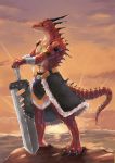  arm_wrap armlet belt claws cloud full_body horns jewelry lizardman looking_to_the_side necklace no_humans orange_sky original outdoors planted_weapon sky solo standing sunset sword tail tesshii_(riza4828) weapon yellow_sclera 