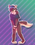  2018 anthro blue_hair bottomless canine clothed clothing digital_media_(artwork) embarrassed erection eyewear glasses hair hiding_erection male mammal paws shirt simple_background skymafia smile solo vinny wolf 