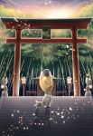  bamboo closed_eyes doubutsu_no_mori east_asian_architecture furry highres kitsune lamp leaf no_humans sky solo statue teeth tsunekichi_(doubutsu_no_mori) tsutsuji_(hello_x_2) 