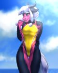  2018 anthro clothed clothing day detailed_background digital_media_(artwork) female hair horn hybrid mykegreywolf one-piece_swimsuit outside sky solo swimsuit white_hair 