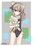 alternate_costume animal_ears bandages bangs bear_ears bear_tail black_leotard black_ribbon boko_(girls_und_panzer) brown_eyes cast closed_mouth commentary cowboy_shot cropped_legs dated flipper frown girls_und_panzer hair_ribbon holding holding_stuffed_animal leotard light_brown_hair long_hair looking_at_viewer ribbon scar shimada_arisu side_ponytail solo standing strapless strapless_leotard stuffed_animal stuffed_toy tail teddy_bear twitter_username wrist_cuffs 