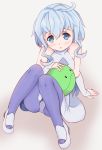  blue_eyes blue_legwear blush dress full_body gundam gundam_build_divers haro highres jingdong_ssa light_blue_hair long_hair looking_at_viewer panties pantyhose pantyshot pantyshot_(sitting) sara_(gundam_build_divers) sidelocks sitting underwear white_dress 