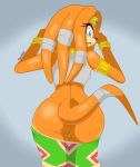  armwear bandage big_butt blue_eyes bracelet breasts butt canastus clothing crown echidna eyelashes female fur headgear jewelry looking_back mammal monotreme necklace open_mouth orange_fur pinup pose rear_view shirt side_boob signature skirt skirt_down solo sonic_(series) surprise tank_top tiara tikal_the_echidna 