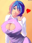  1girl ;d aqua_(kingdom_hearts) blue_eyes blue_hair breasts cleavage cleavage_cutout erect_nipples heart highres invitation kingdom_hearts large_breasts lips long_sleeves looking_at_viewer naughty_face one_eye_closed pointing_at_viewer profanity shirt short_hair sowilo 