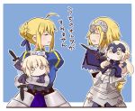  4girls :d ahoge anger_vein armor armored_dress artoria_pendragon_(all) black_dress blonde_hair blue_ribbon blush braid capelet chains chibi commentary_request dark_excalibur dress elbow_gloves eyebrows_visible_through_hair eyes_closed fate/apocrypha fate/grand_order fate/stay_night fate_(series) faulds gauntlets gloves hair_bun hair_ribbon headpiece holding holding_sword holding_weapon jeanne_d&#039;arc_(alter)_(fate) jeanne_d&#039;arc_(fate) jeanne_d&#039;arc_(fate)_(all) long_braid long_hair motion_lines multiple_girls open_mouth parted_lips ribbon saber saber_alter single_braid smile sword translation_request tsuchiya_madose two-tone_background weapon yellow_eyes 