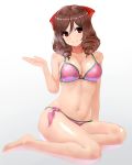  bad_id bad_pixiv_id barefoot bikini bow breasts brown_hair drill_hair full_body gradient gradient_background hair_bow harukaze_(kantai_collection) kantai_collection looking_at_viewer medium_breasts miyako_(miyako_lplover) navel pink_bikini red_bow red_eyes side-tie_bikini sitting smile solo swimsuit twin_drills white_background yokozuwari 