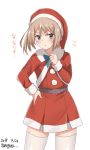  1girl alternate_costume belt brown_eyes brown_hair commentary_request dated dress hand_on_hip hat kantai_collection light_brown_hair long_sleeves looking_at_viewer meguru_(megurunn) michishio_(kantai_collection) red_dress santa_hat short_hair simple_background solo thighhighs translation_request twitter_username white_background white_legwear yellow_eyes 
