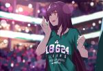  bangs boston_celtics breasts collarbone commentary_request fate/grand_order fate_(series) green_shirt hair_between_eyes hand_up highres large_breasts long_hair national_basketball_association open_mouth purple_hair red_eyes scathach_(fate)_(all) scathach_(fate/grand_order) shijie_jianfa shirt smile solo 