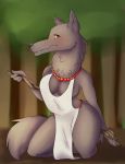  2017 anthro big_breasts blush breasts canine claws clothed clothing cute digital_drawing_(artwork) digital_media_(artwork) female forest fur hi_res kneeling looking_at_viewer magic_user mammal outside plushkinn shaman shy solo staff teeth thick_thighs tree tribal_spellcaster wide_hips wolf 