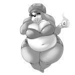  anthro belly big_belly big_breasts breasts canine conditional_dnp cup dog female greyscale hat hi_res huge_breasts mammal monochrome navel obese overweight smile solo steam tea_cup thick_thighs wide_hips xopachi 