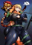  anthro asphyxiation belt beret big_breasts black_hair black_stripes blonde_hair blue_eyes bodysuit breasts bulging_breasts camel_toe choking clothed clothing crop_top duo feline female fur gloves green_eyes hair hat huge_breasts human mammal multicolored_hair open_mouth orange_fur panties saffron_(safurantora) safurantora shirt short_hair shorts skinsuit stripes sweat tiger tight_clothing tongue torn_clothing underwear 