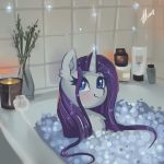  2018 bathing bathtub blue_eyes blush bubble_bath cute equine eyebrows eyelashes female feral friendship_is_magic hair hi_res horn inside lit_candle long_hair makeup mammal mascara my_little_pony nude purple_hair rarity_(mlp) signature smile solo tile unicorn wet xjenn9 