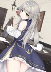  ass azur_lane bangs bare_shoulders blue_dress blunt_bangs blurry blurry_background blush cellphone closed_mouth coat_rack commentary_request cup depth_of_field desk detached_sleeves dress eyebrows_visible_through_hair hair_ornament half_updo head_tilt highres indoors isobeageage long_hair long_sleeves looking_at_viewer looking_back mechanical_pencil mole mole_under_eye mug panties paper pencil phone silver_hair sleeveless sleeveless_dress sleeves_past_wrists smartphone solo underwear very_long_hair white_panties yellow_eyes z46_(azur_lane) 