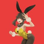  1girl black_legwear bunny_ears bunny_tail bunnysuit choker cleavage fake_animal_ears female highres jun_(seojh1029) open_mouth red_background red_eyes simple_background solo strapless_leotard 