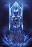  anastasia_(fate/grand_order) bangs blue_eyes cape commentary_request crown crystal doll dress fate/grand_order fate_(series) full_body hair_over_one_eye hairband highres holding holding_doll ice long_dress long_hair looking_at_viewer mini_crown one_eye_covered reluvy royal_robe serious silver_hair sitting solo throne twitter_username 