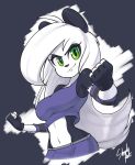  2018 5_fingers anthro bear black_nose breasts clothed clothing crop_top digital_media_(artwork) female fingerless_gloves gloves green_eyes hair looking_at_viewer mammal midriff navel panda shirt simple_background skecchiart smile solo white_hair 