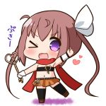  &gt;_&lt; &gt;_o ;d bandeau bangs black_bandeau black_legwear blush bow brown_footwear brown_hair brown_skirt chibi commentary_request eyebrows_visible_through_hair full_body gloves hair_between_eyes hair_bow hana_kazari heart holding holding_wand kirara_fantasia long_hair looking_at_viewer midriff momochi_tamate navel one_eye_closed open_mouth purple_eyes red_scarf scarf sidelocks single_glove skirt slow_start smile solo thighhighs translation_request twintails very_long_hair wand wavy_mouth white_background white_bow white_gloves 